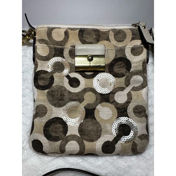 Coach Kristin Swing Bag 43725 Crossbody Sequin Signature Beige Brown (CON79) - Picture 3 of 7